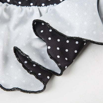 2025 Summer Vacation Beach 2 Piece Set Women Sexy Polka Dots Print Lace Up Halter Bra + Ruffles Micro Mini Skirts Swimsuit