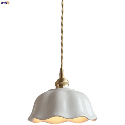 IWHD White Ceramic LED Pendant Lamp Bedroom Study Balcony Wire Adjustable Copper Socket Nordic Modern Home Decor Hanging Lights