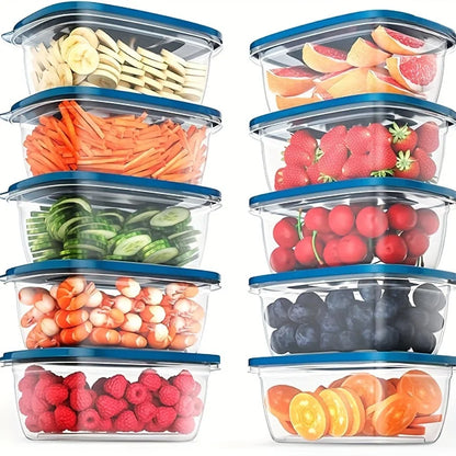 A set of 6 transparent stackable plastic food storage containers with blue lids and measurement markings—reusable, dishwasher an