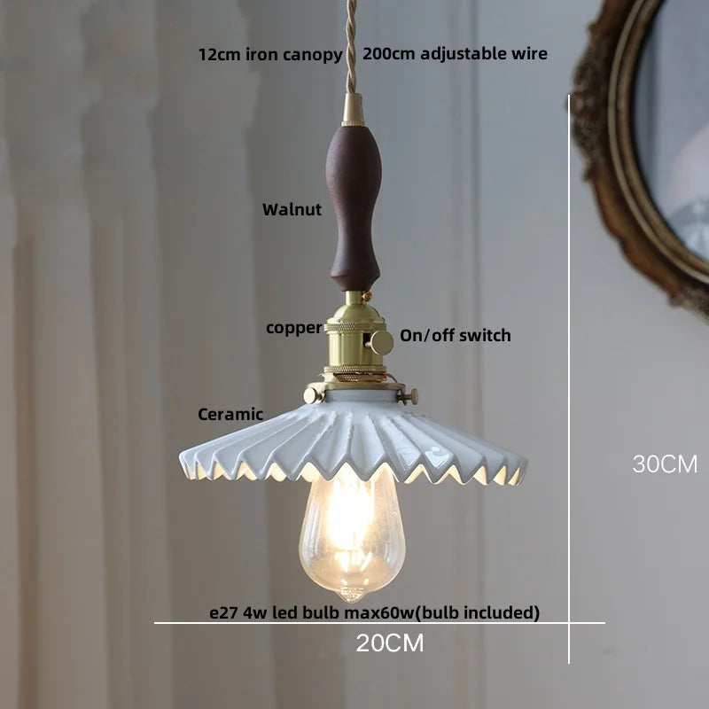 IWHD White Ceramic LED Pendant Lamp Bedroom Study Balcony Wire Adjustable Copper Socket Nordic Modern Home Decor Hanging Lights