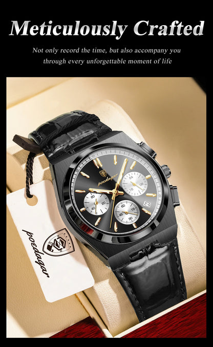 POEDAGAR Business Functional Male Watch Waterproof Luminous Chronograph Date Sports Men Wristwatch Leather Men's Quartz Watches