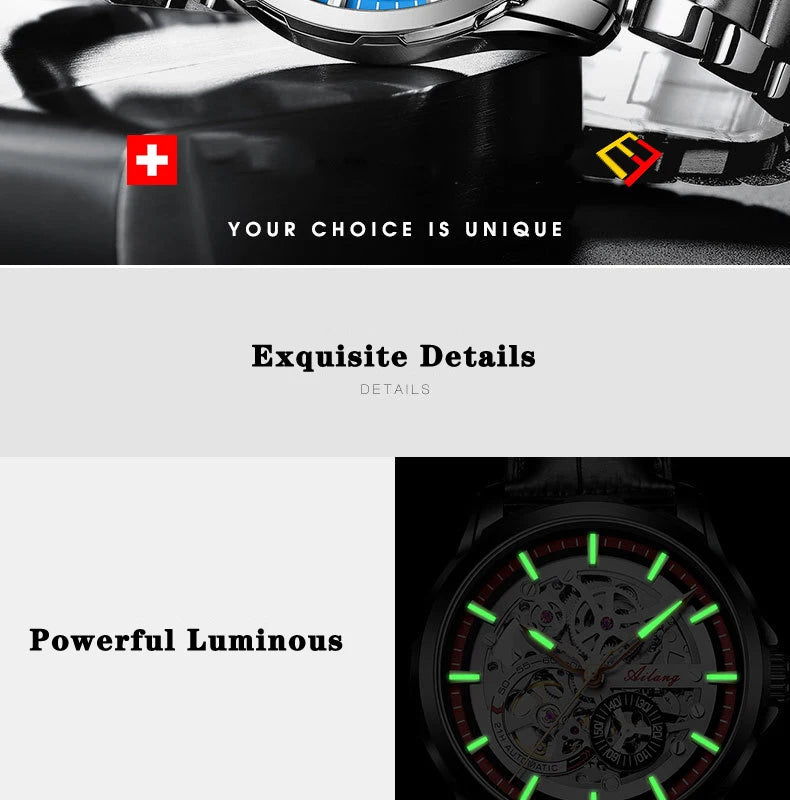 Unique Design AILANG Skeleton Dial Watch Men Luxury Brand Automatic Mechanical Men Watches relogio Waterproof