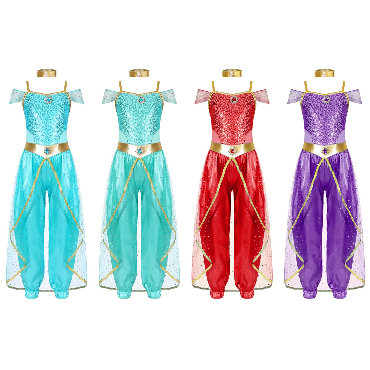 Shiny Sequin Gem Girls Halloween Jasmines Costume Kids Arabian Princess Cosplay Fancy Jumpsuit with Choker for Dance Performance