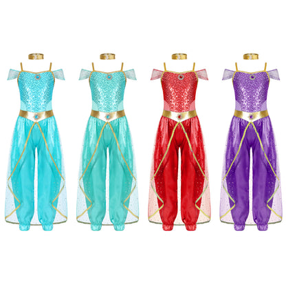 Shiny Sequin Gem Girls Halloween Jasmines Costume Kids Arabian Princess Cosplay Fancy Jumpsuit with Choker for Dance Performance