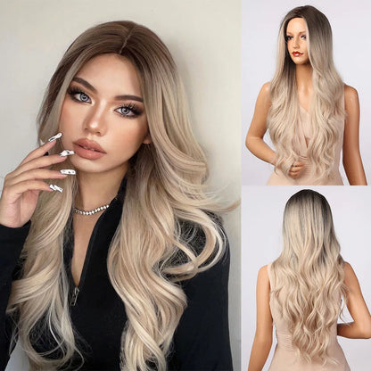 HENRY MARGU Long Brown Wavy Synthetic Wigs Middle Part Natural  Curly Wig for Black Women Cosplay Daily Heat Resistant Fake Hair