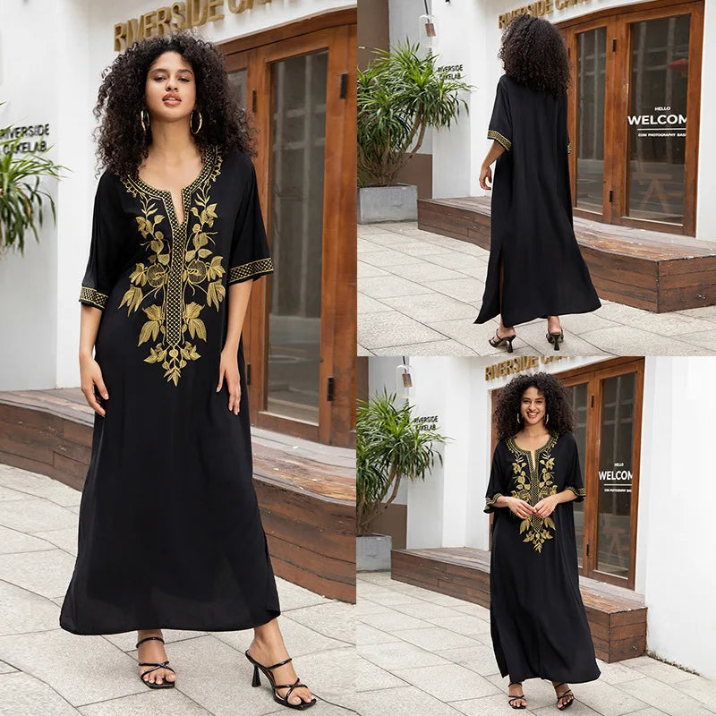 Swimsuit Cover Ups Embroidery V Neck Short Sleeve Swim Cover Up for Women Kaftan Dresses