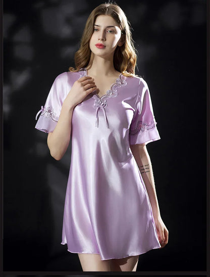 New Summer Women Sleepwear Ice Silk Nightdress Robe Sexy Lingerie Nightgown Lady Homewear Female Night Home