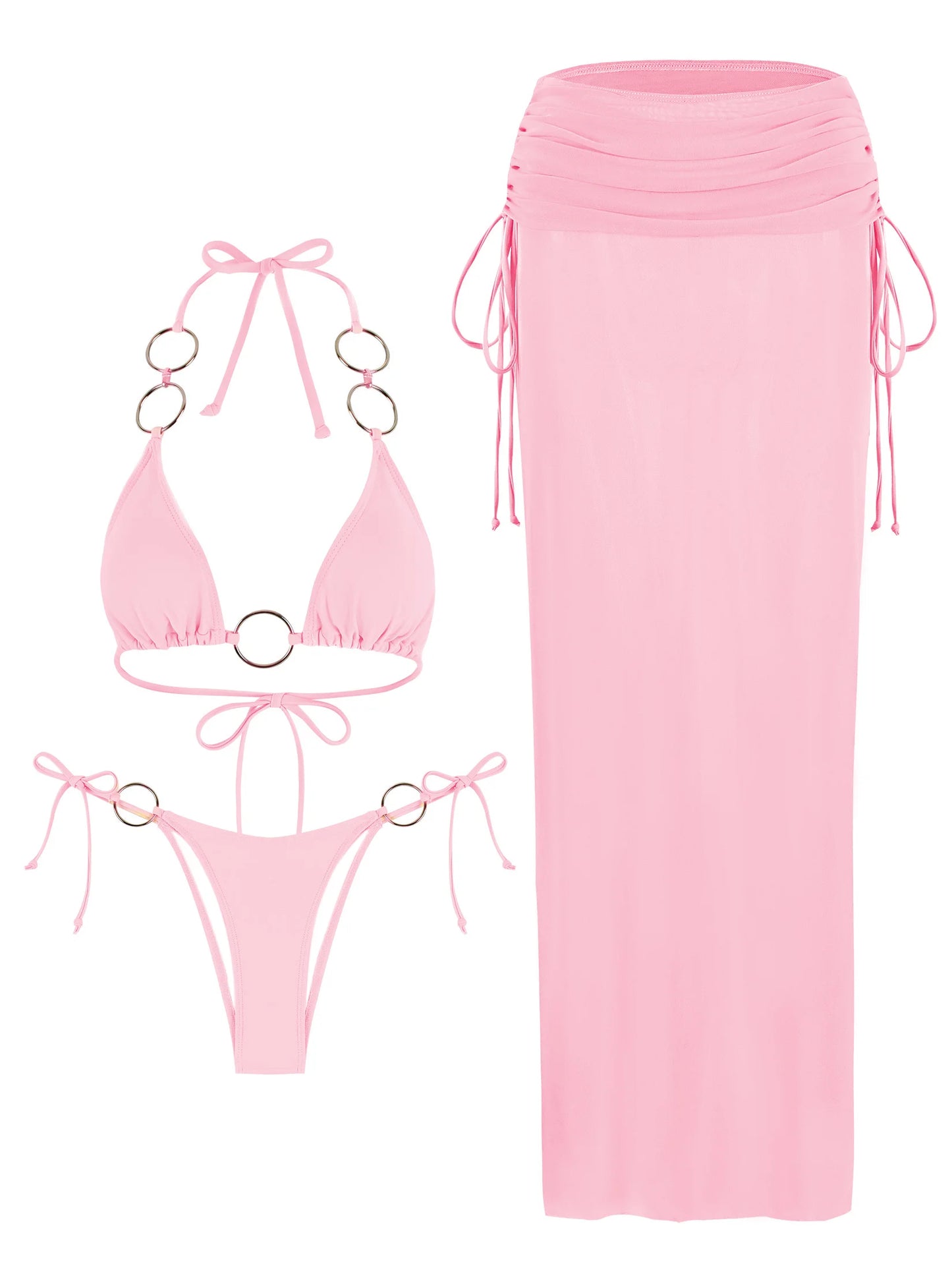 3 Piece Bikini Sets Nightclub Partywear Brazilian Swimsuit O-Ring Bathing Suit with Skirt Thong Biquini Swimwear Women K168