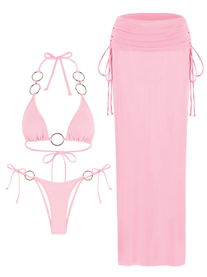 3 Piece Bikini Sets Nightclub Partywear Brazilian Swimsuit O-Ring Bathing Suit with Skirt Thong Biquini Swimwear Women K168