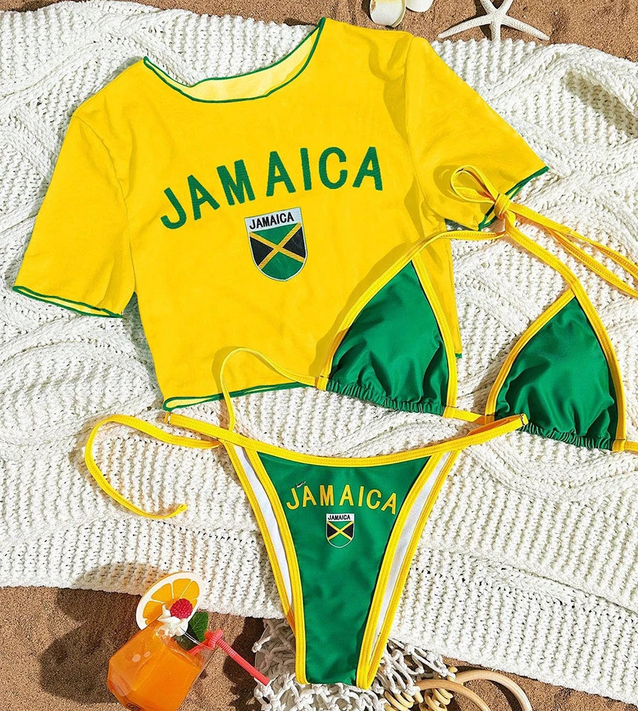 Sexy Thong Bikini 2026 Women Brazilian Flag Print Bikinis Short Sleeve Three-pieces Split Bathing Suit Summer Swimsuit Beachwear