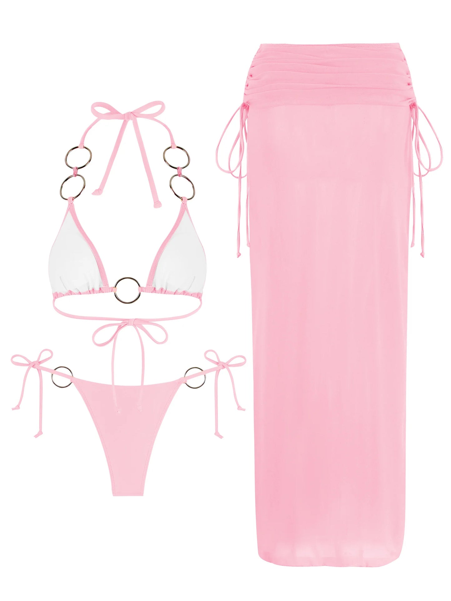 3 Piece Bikini Sets Nightclub Partywear Brazilian Swimsuit O-Ring Bathing Suit with Skirt Thong Biquini Swimwear Women K168