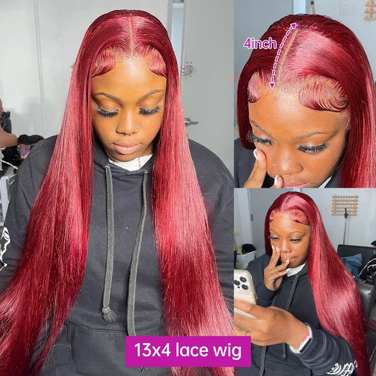 13x4 99j Burgundy Lace Front Wig 13x6 Straight Lace Frontal Wigs HD Transparent Lace Colored Remy Red Human Hair Wigs For Women