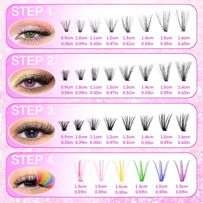 600pcs Colorful Lashes Cluster Eyelash Book Clusters Extensions, 9-16mm mix Individual Lash DIY at Home Makeup Tool