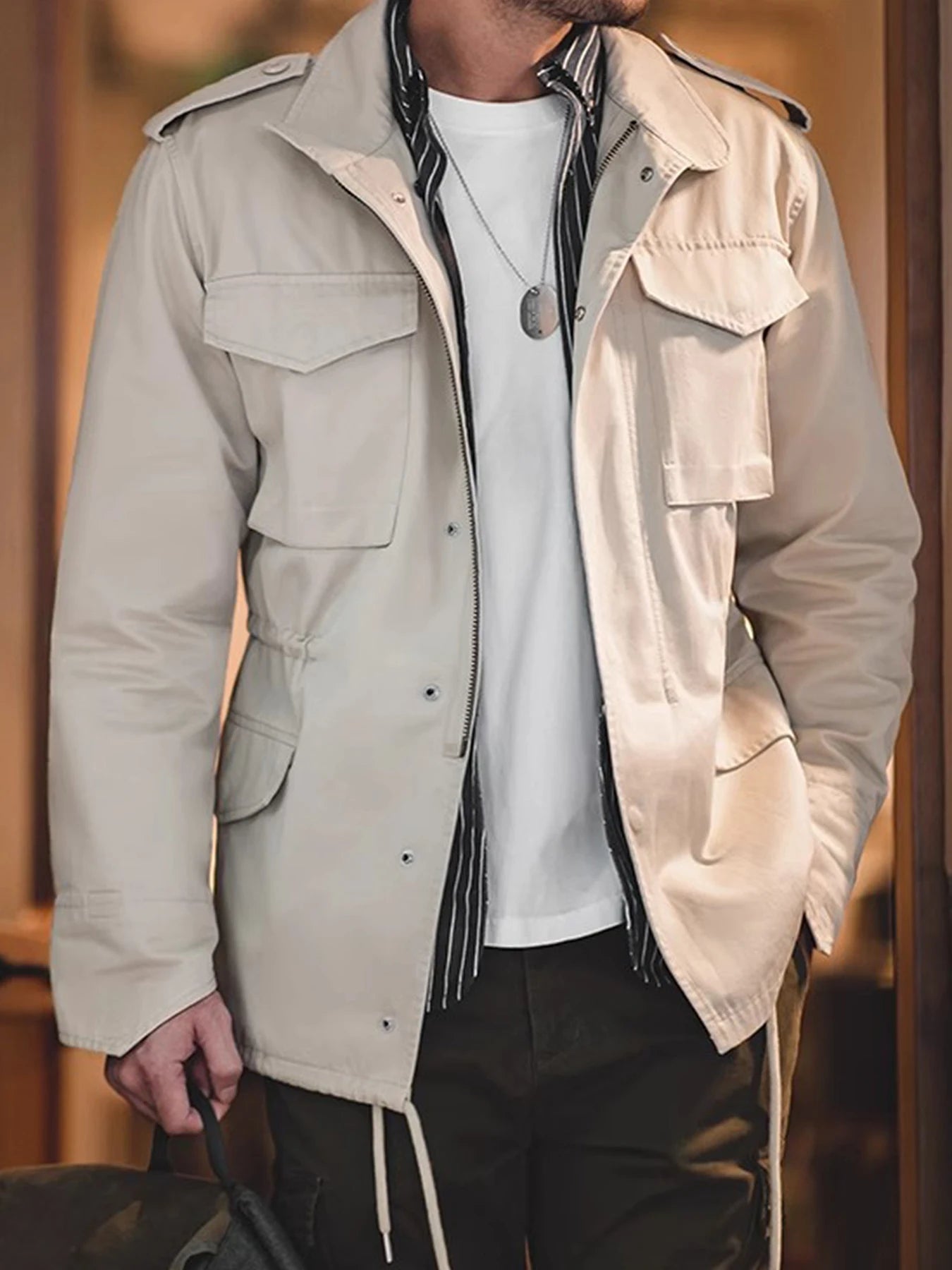 M65 Field Jacket, Men's Military Jacket, Retro Multi Pocket Collar Zipper Jacket, 100% Cotton