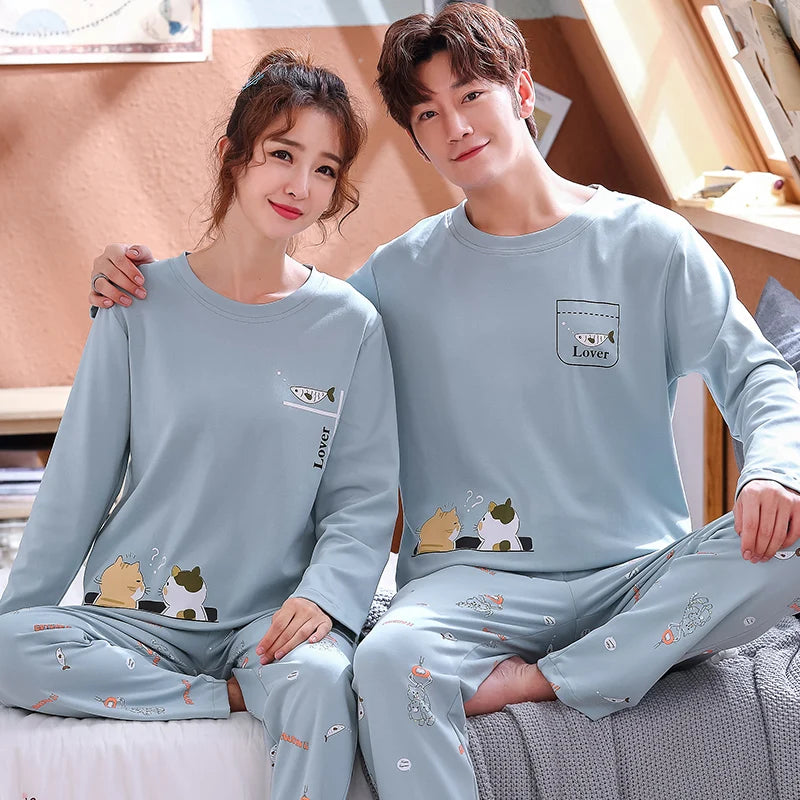 Autumn Couple Pajamas Sets Cartoon Men Sleepwear Leisure Cotton Plus Size Long Sleeve Women Homewear pijama Homme Mujer Dropship