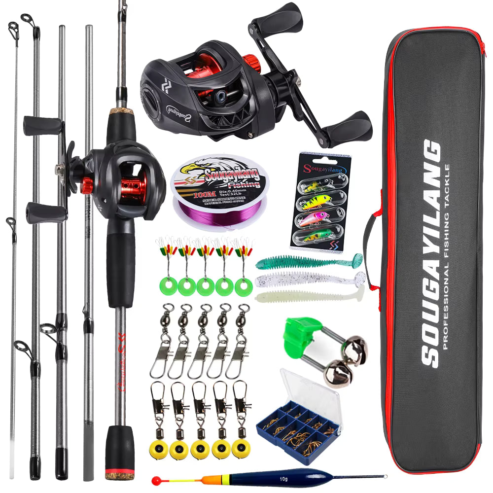 Fishing Rod and Reel Full Kit 5Section Rod and Aluminium Spool Reel for Freshwater Bass Fishing Set