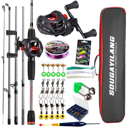 Fishing Rod and Reel Full Kit 5Section Rod and Aluminium Spool Reel for Freshwater Bass Fishing Set
