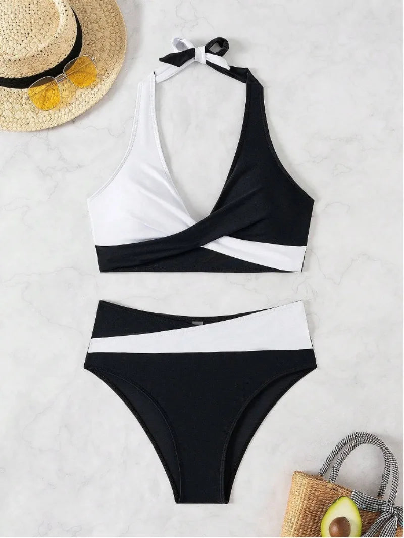 New Sexy Backless Bikini Cross Strap Color Collision Swimwear Women Split Bikini Set Two Pieces Bathing Suit Beachwear Swimsuit