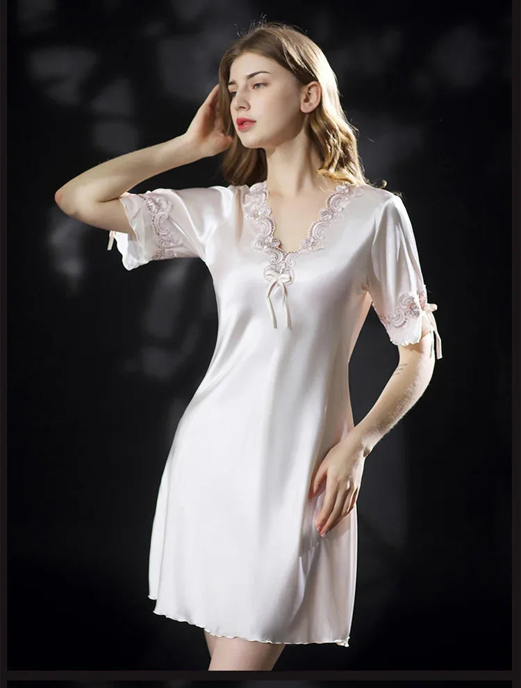 New Summer Women Sleepwear Ice Silk Nightdress Robe Sexy Lingerie Nightgown Lady Homewear Female Night Home