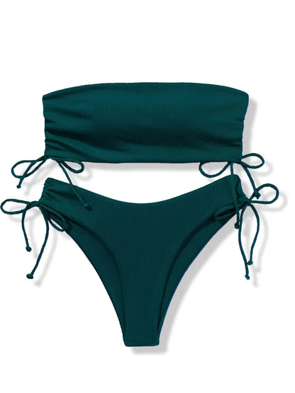 2025 Sexy Low Waist Swimwear New Solid Bandeau Bikini Set Women Push Up Drawstring Beachwear Swimsuit Backless bathing suit