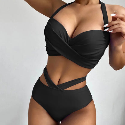 Sexy Bikinis Women 2022 Summer Two Piece Marble Print Swimsuit Female Push Up Halter Ruched Wrap Front High Waist Bathing Suit