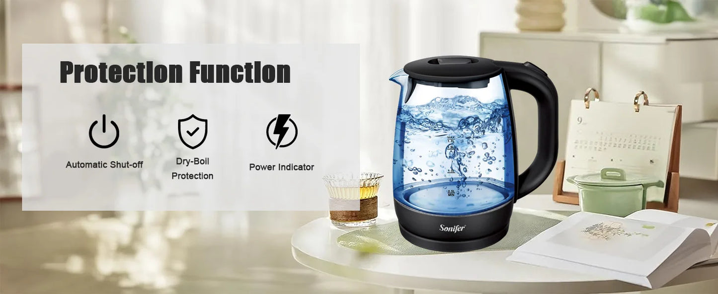 Sonifer 1.7L Glass Electric Kettle SF-2079, 2200W Fast Boil, Cordless, Blue LED Light, Auto Shut-Off, Dry Boil Protection