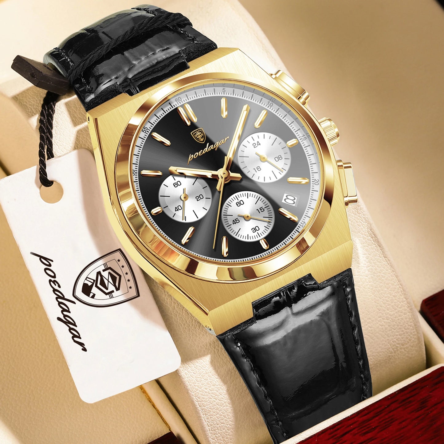 POEDAGAR Business Functional Male Watch Waterproof Luminous Chronograph Date Sports Men Wristwatch Leather Men's Quartz Watches
