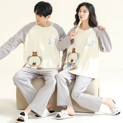 Autumn Couple Pajamas Sets Cartoon Men Sleepwear Leisure Cotton Plus Size Long Sleeve Women Homewear pijama Homme Mujer Dropship
