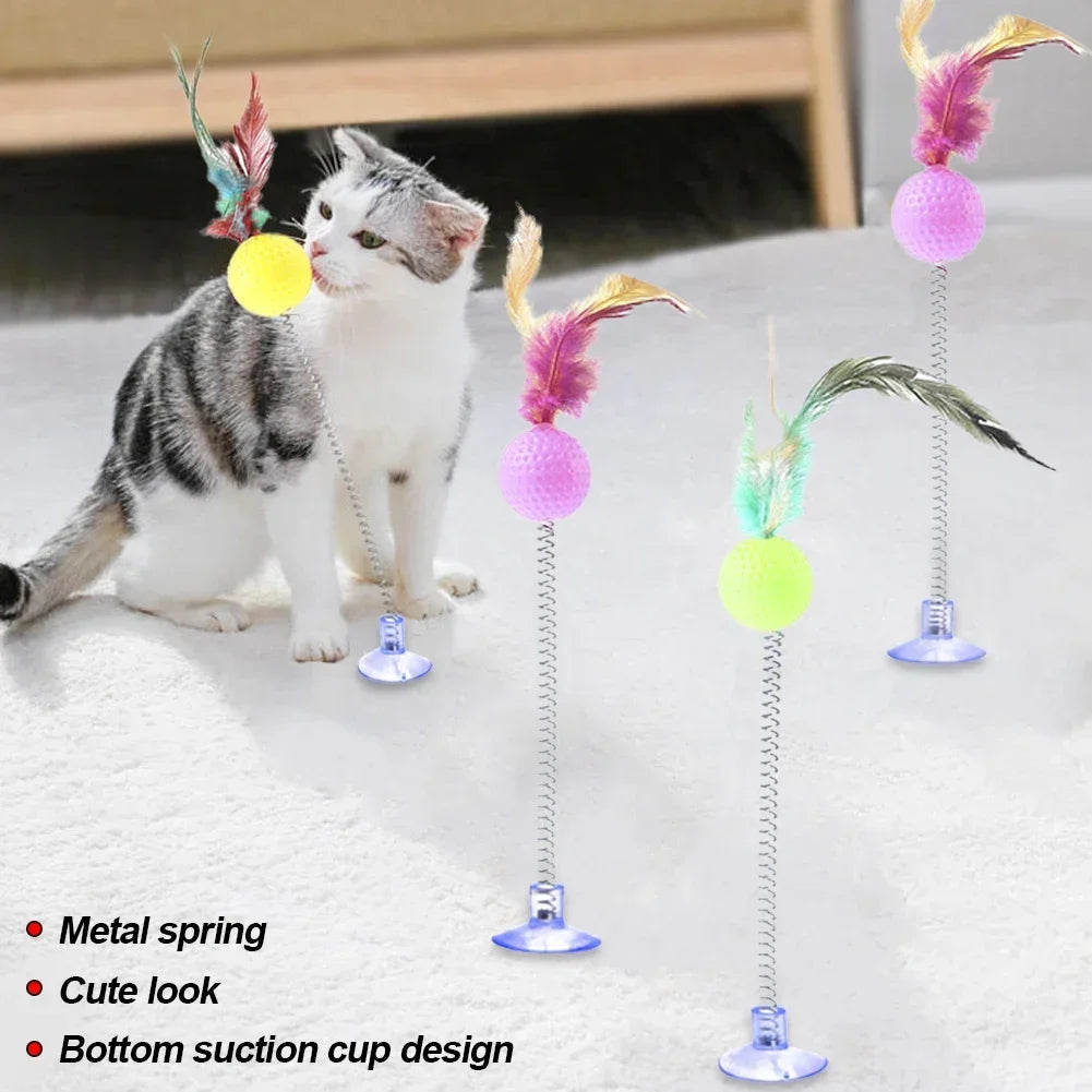 1pc Feather Spring Cat Interactive Toy Suction Cup Cat Fur Ball Teaser Wand Toys Cat Scratcher Toys Pet Supplies Random Color