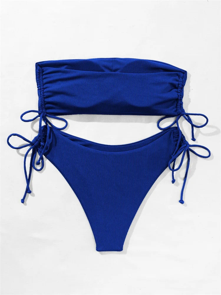 2025 Sexy Low Waist Swimwear New Solid Bandeau Bikini Set Women Push Up Drawstring Beachwear Swimsuit Backless bathing suit