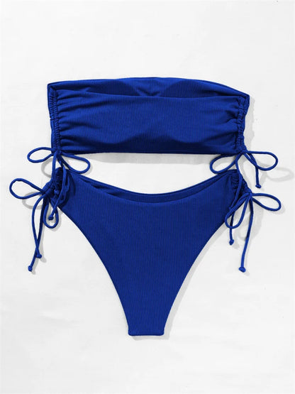 2025 Sexy Low Waist Swimwear New Solid Bandeau Bikini Set Women Push Up Drawstring Beachwear Swimsuit Backless bathing suit