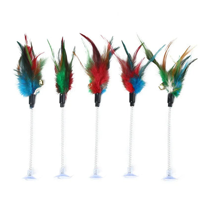 1pc Feather Spring Cat Interactive Toy Suction Cup Cat Fur Ball Teaser Wand Toys Cat Scratcher Toys Pet Supplies Random Color