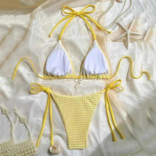 Yellow Halter String Triangle Micro Bikini Thong Solid Swimwears Bow Pearl Sexy Swimsuit Women Bathing Suit Bikinis Sets 2026