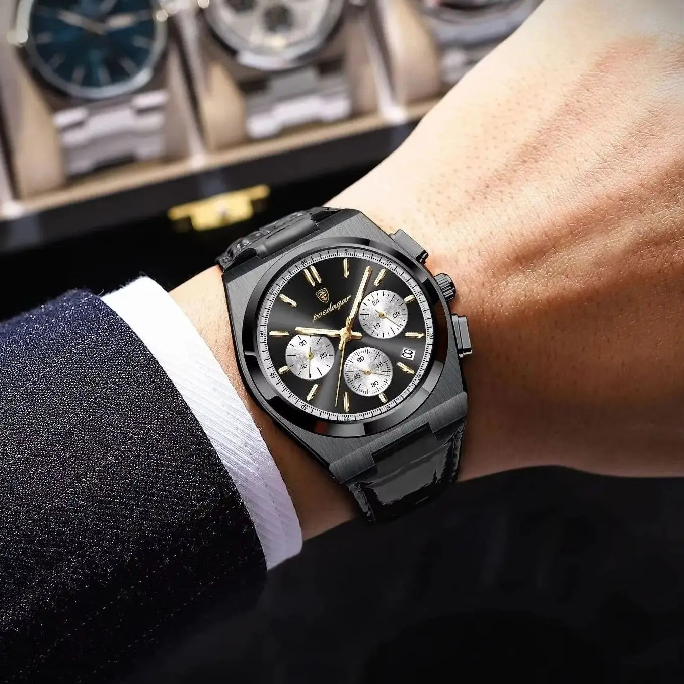 POEDAGAR Business Functional Male Watch Waterproof Luminous Chronograph Date Sports Men Wristwatch Leather Men's Quartz Watches