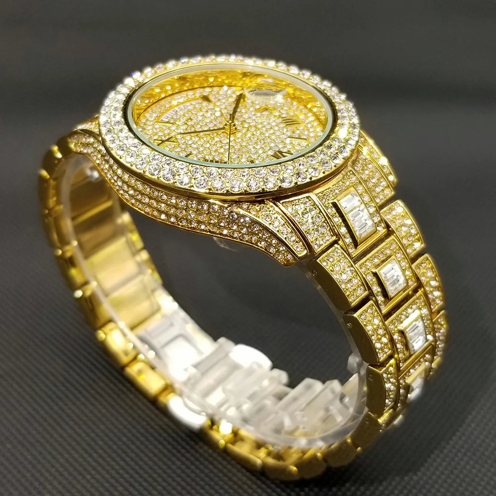 TikTok Hot Diamond Wristwatch For Men Luxury 18K Gold Plated Quartz Watches Day Date Nightclub Party Watch Unisex Rapper Jewelry