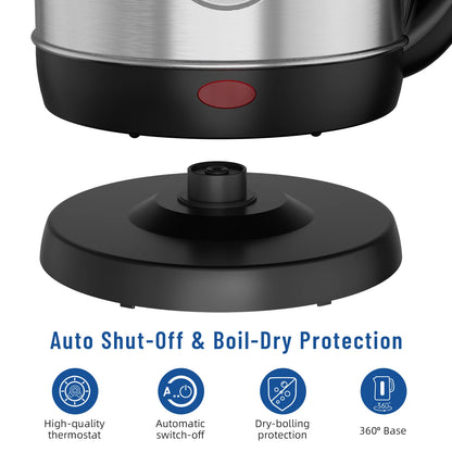 1.8L Stainless Steel Electric Kettle with Water Level Window, Auto Shut-Off, Boil-Dry Protection, 1100W Fast Boiling