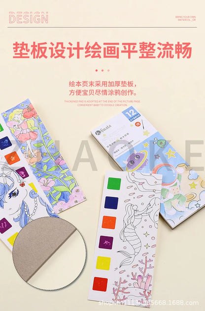 Kids Portable Watercolor Painting Book 12 Sheets Gouache Graffiti Picture 1 Pen Coloring Water Drawing Books Set Kids Toys Gifts
