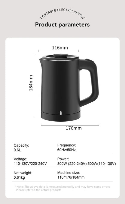 110V 220V Electric Kettle 0.6L Seamless 304 Stainless steel liner Fast heating Mini Teapot Water heater Coffee maker for Travel