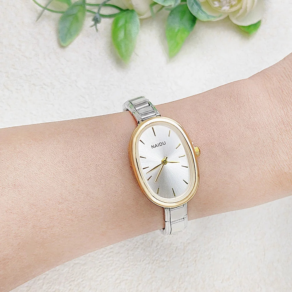 GEMOSA Fashion Design Modern Oval Casual Quartz Watches Women Ladies Stainless Steel Width 9mm Strap Party Birthday Perfect Gift