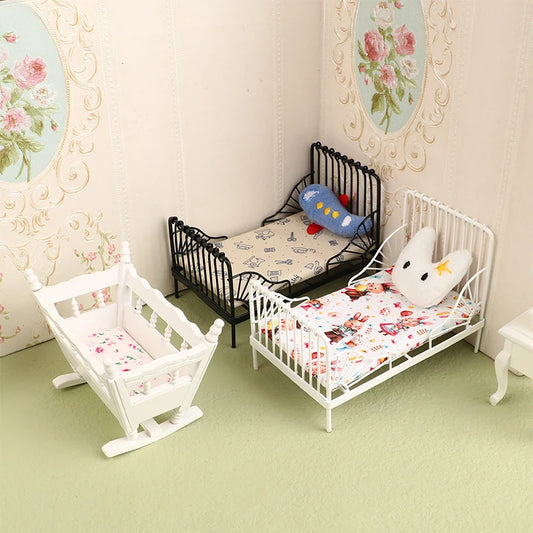 1:12 miniature bed for dolls Dollhouse Iron doll bed Furniture toy children simulation house role play toys collection gifts