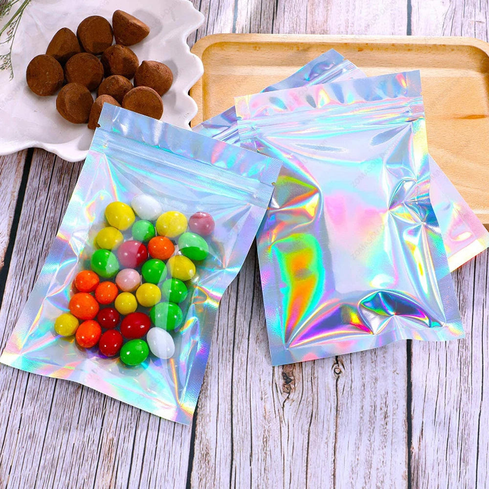 200-1PCS Laser Sealing Bags Color Plastic Holographic Candy Food Pouch Resealable Necklace Jewelry Gift Packaging Storage Bag