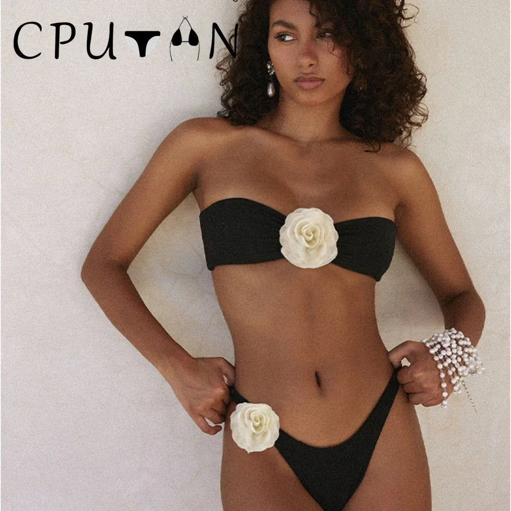 2026 New Sexy White 3D Flower Solid Two Piece Push Up Bikini Set Luxury Swimwear Women Swimsuit Beachwear Summer Bathing Suit