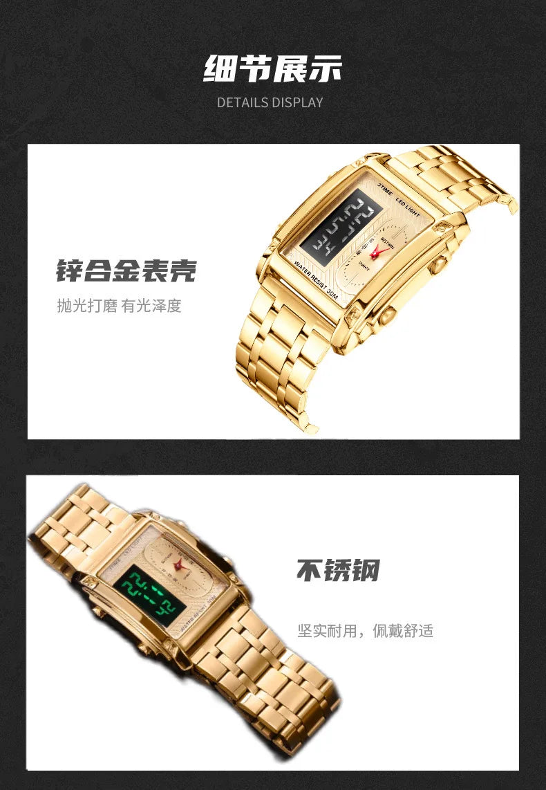 Gold Men Watches Stainless Steel Band Dual Display Men Sports Digital Watches For Male Clock Chronograph Date Waterproof Luxury