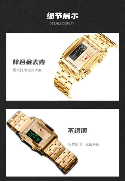 Gold Men Watches Stainless Steel Band Dual Display Men Sports Digital Watches For Male Clock Chronograph Date Waterproof Luxury