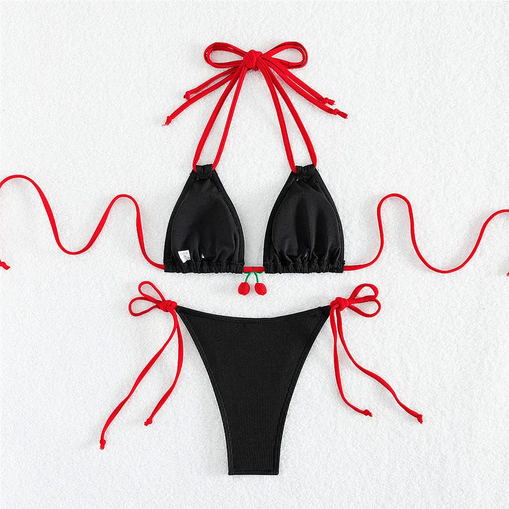 Cute Cherry Micro Bikinis Sets Mini Thong Sexy Swimsuit Women String Halter Swimwear Triangle Bikini Mujer Bathing Suit Biquinis