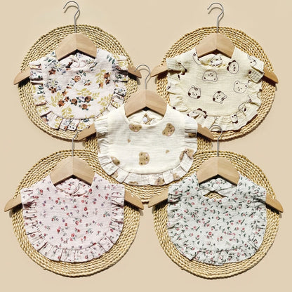 New Spring and Summer Baby Small Floral Bib, Girls' Gauze Ruffle Bib, Cute Baby Drool Towel
