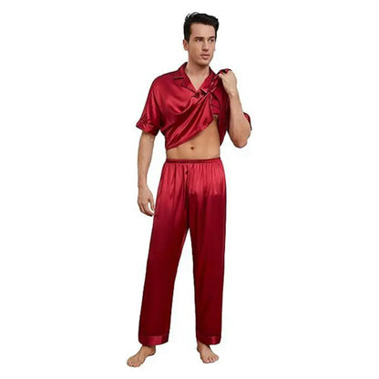 2Pcs/Set Silk Satin Men Pajama Set Notch Collar Button Down Pajama Top with Chest Pocket Elastic Waist Bottoms Set Sleepwear