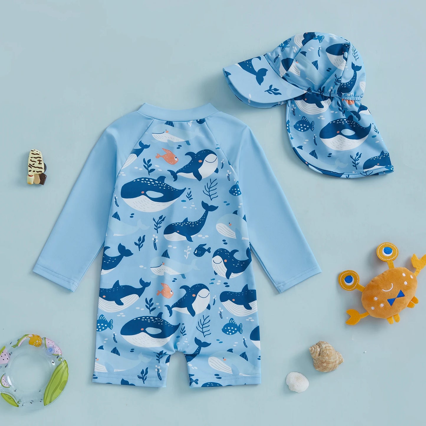 Cartoon Whale Print Children Boy Rash Guard Swimsuit with Hat Summer New Zip Up Long Sleeve Crew Neck Kids Swimwears Beachwear