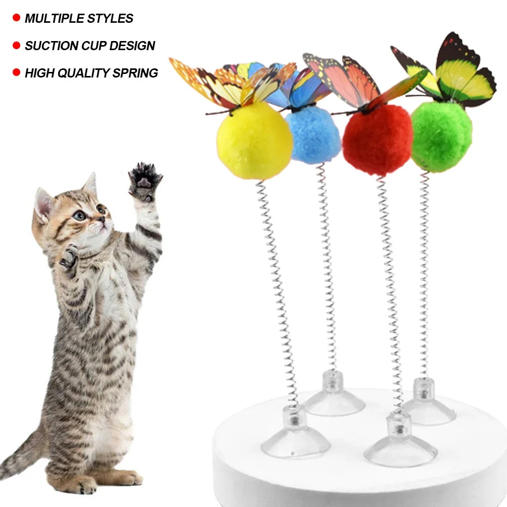 1pc Feather Spring Cat Interactive Toy Suction Cup Cat Fur Ball Teaser Wand Toys Cat Scratcher Toys Pet Supplies Random Color