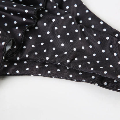 2025 Summer Vacation Beach 2 Piece Set Women Sexy Polka Dots Print Lace Up Halter Bra + Ruffles Micro Mini Skirts Swimsuit
